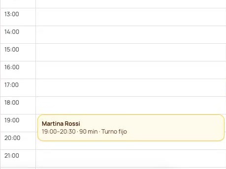 Agenda real de Padelite: turno fijo de 19:00 a 20:30 en una cancha, con datos de demostración
