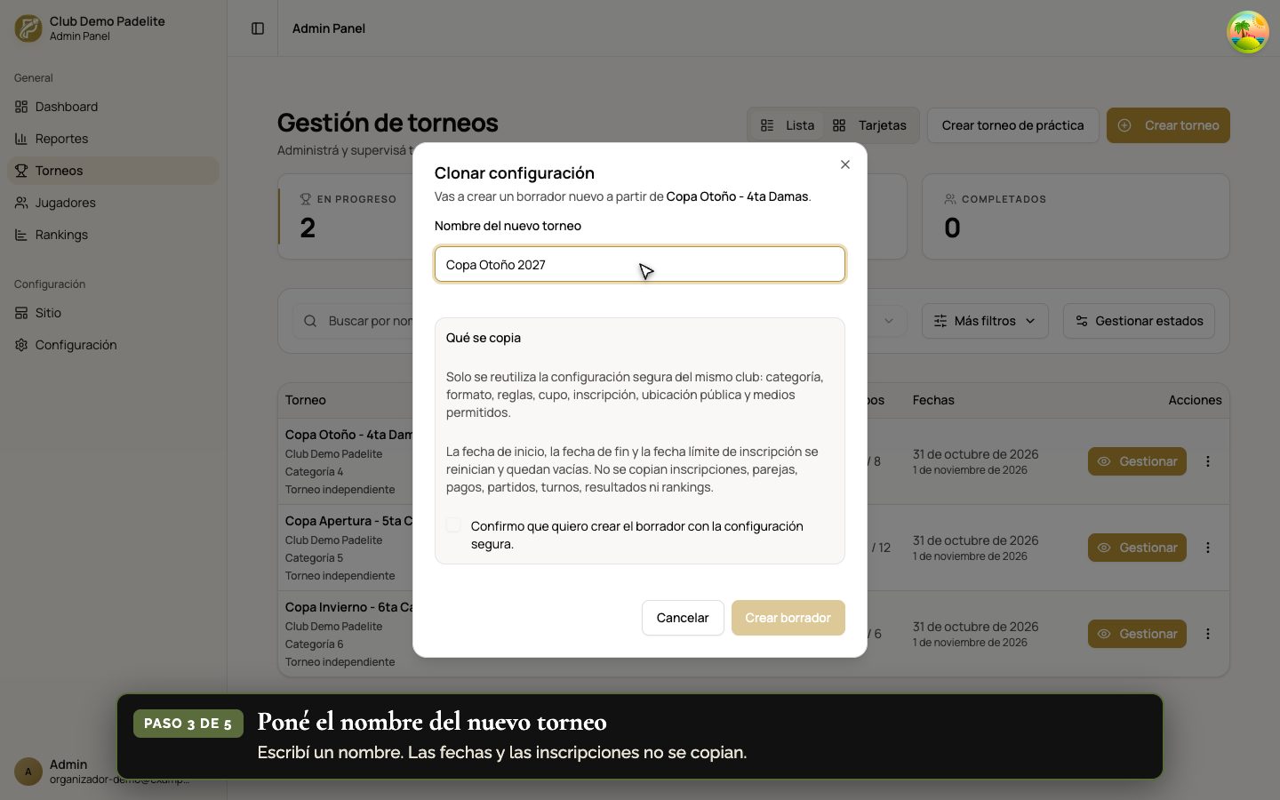 Pantalla real de Padelite para reutilizar la configuración de un torneo de demostración