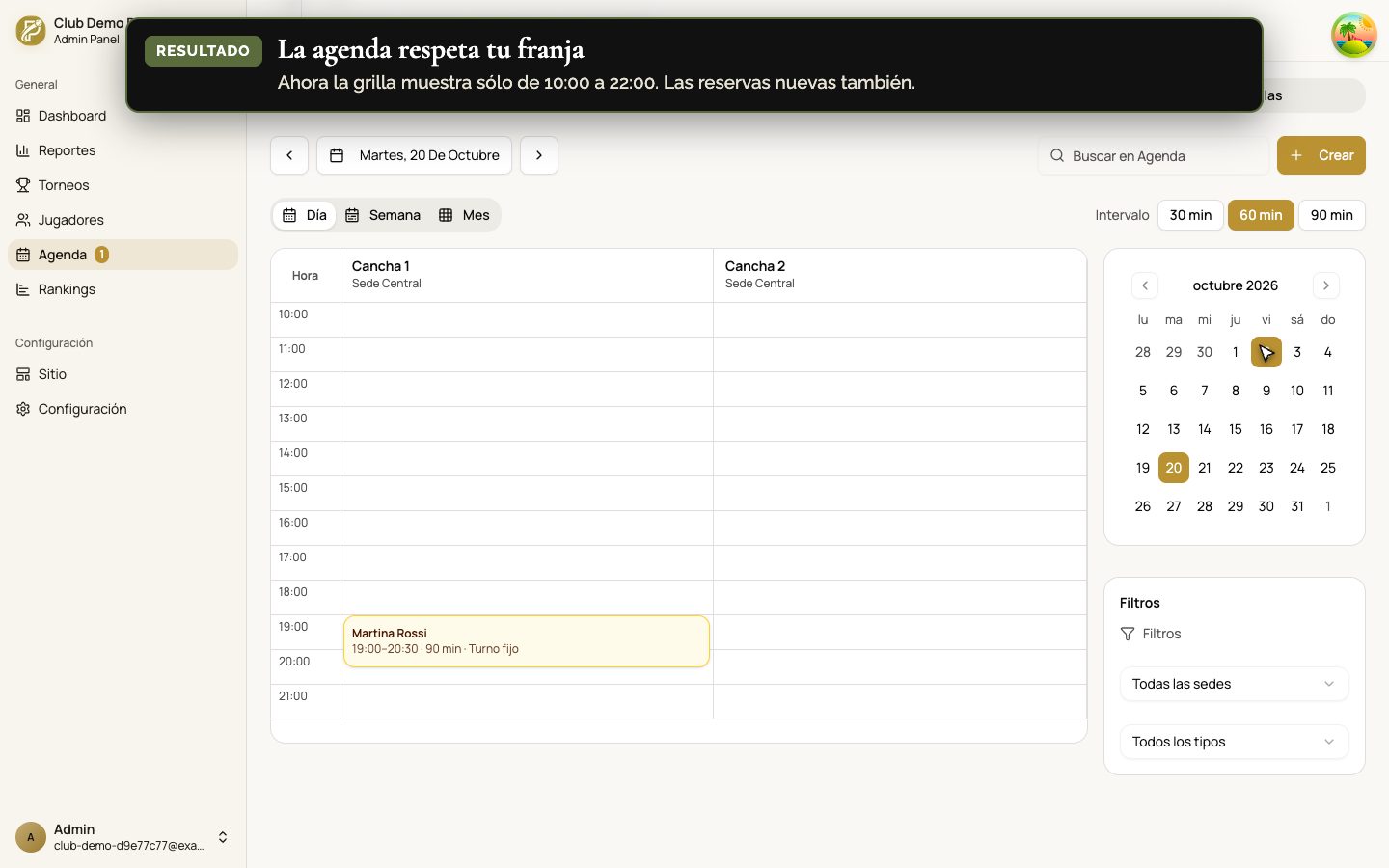 Agenda de Padelite en vista por día: Cancha 1 y Cancha 2 de la Sede Central, con un turno fijo de 19:00 a 20:30